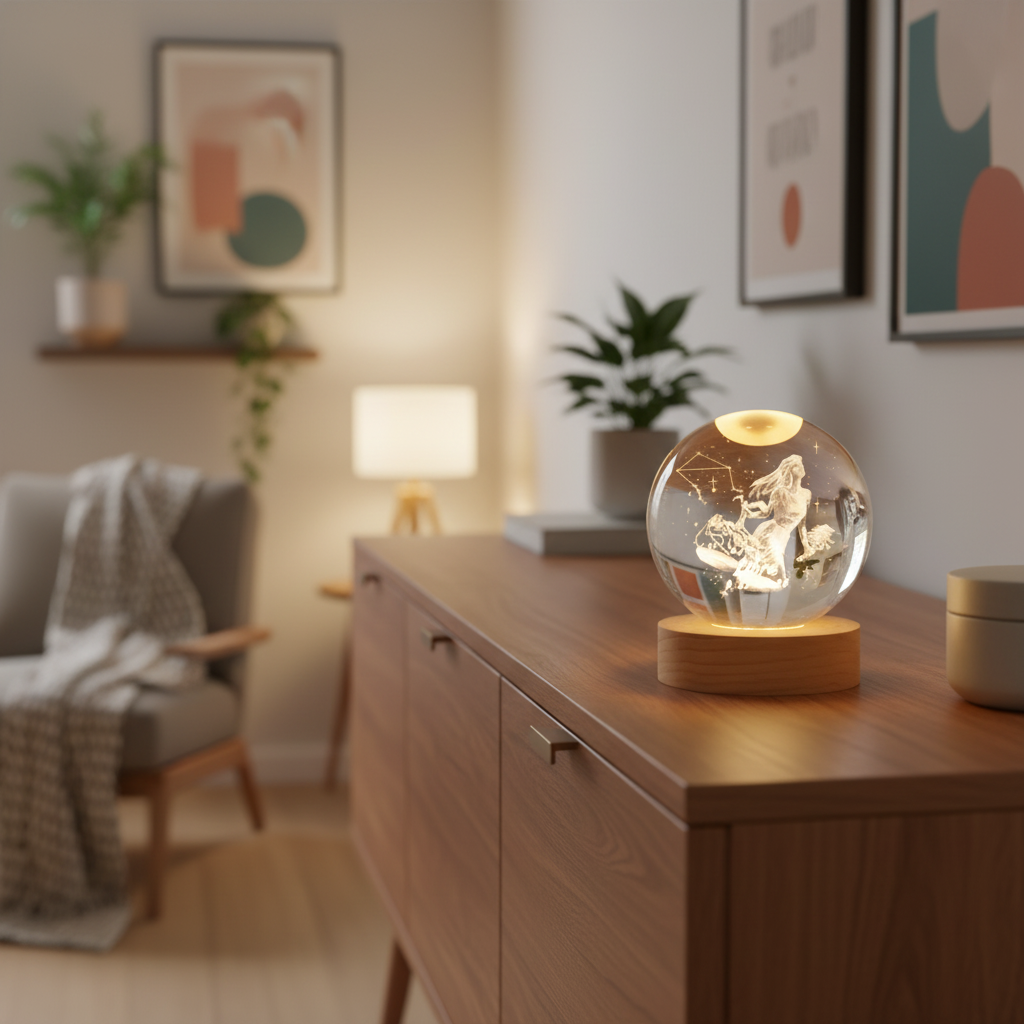 Sphère astrologique lumineuse posée sur un meuble – déco Astro-Lightstore